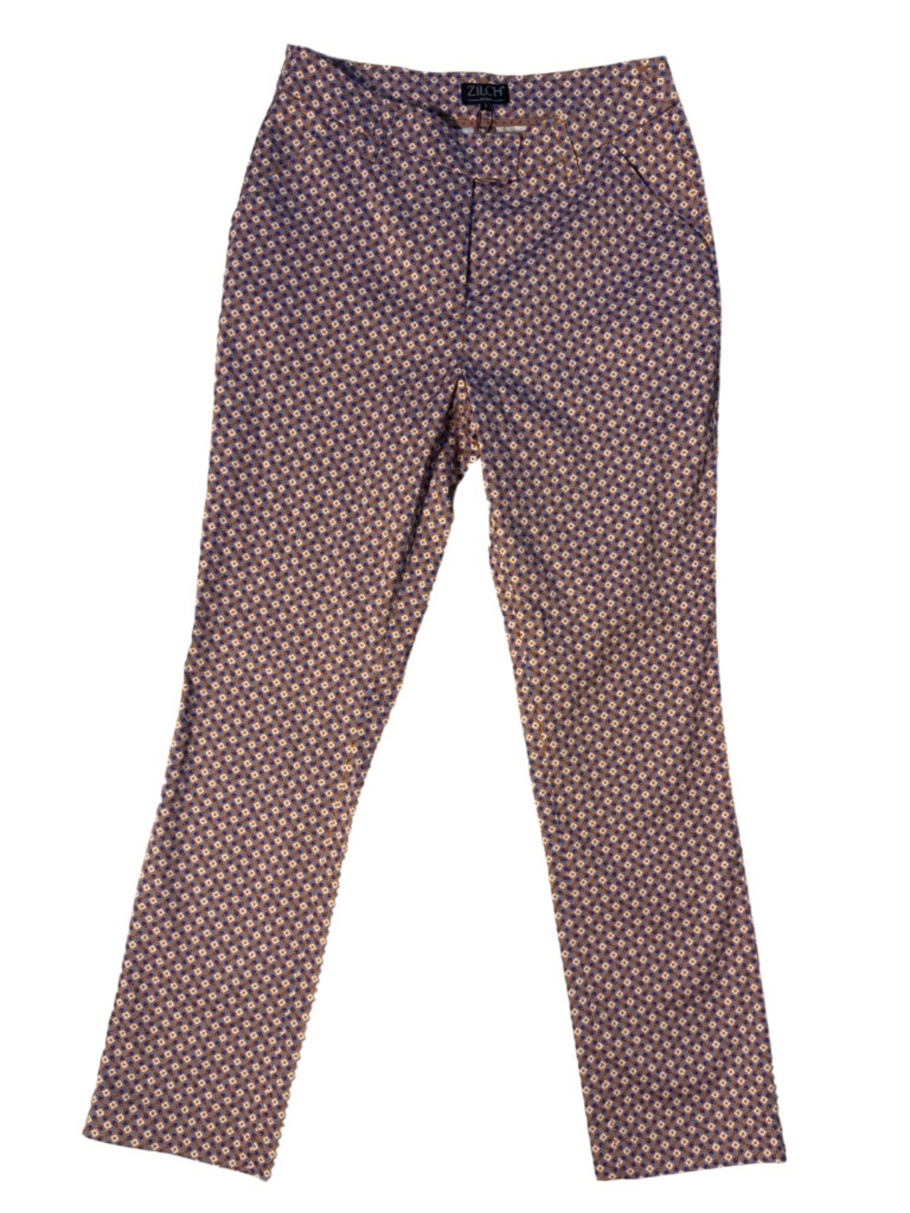 ZILCH Mosaic Print Pants Rust Blue Cotton Stretch Straight Leg Small NWT
